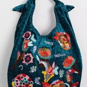 Steve Madden Dana Hobo Shoulder Bag Blue Velvet Sequin Beaded Purse Floral